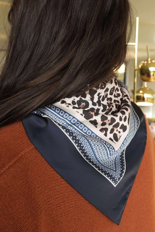 Leopard & Tile Border Triangle Silk Neckerchief Navy